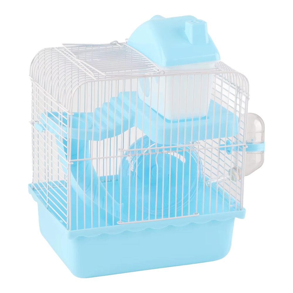 Blue 2-level hamster cage with wheel, ladder and water bottle, side view