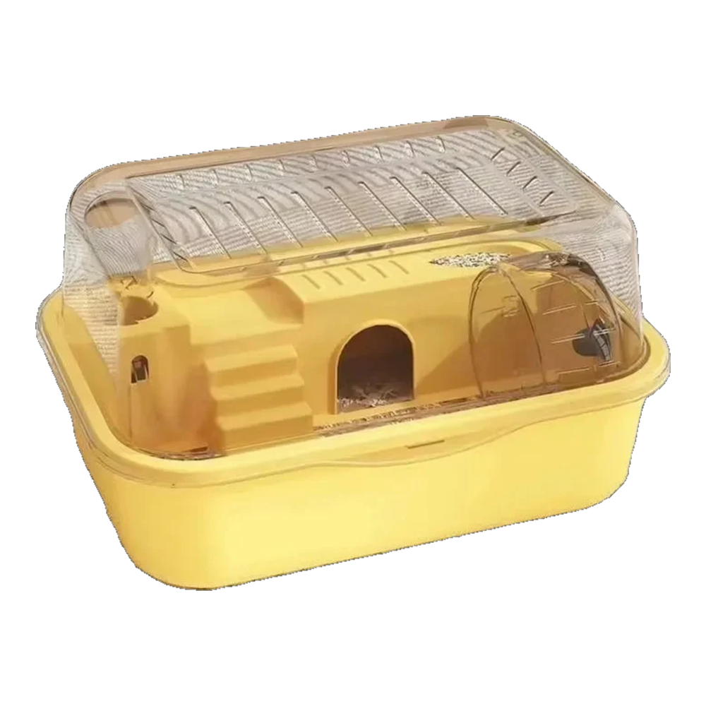 Yellow chew-proof hamster cage with clear flip-up lid