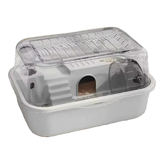 Grey chew-proof hamster cage with clear flip-up lid