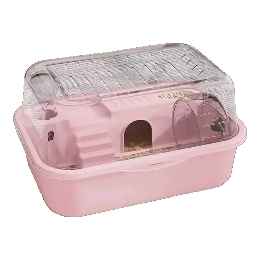 Pink chew-proof hamster cage with clear flip-up lid