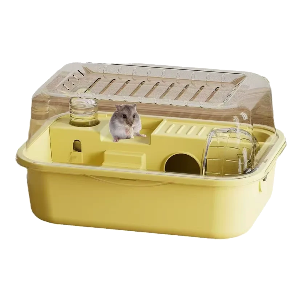 Yellow chew-proof hamster cage with hamster, water bottle and built-in house