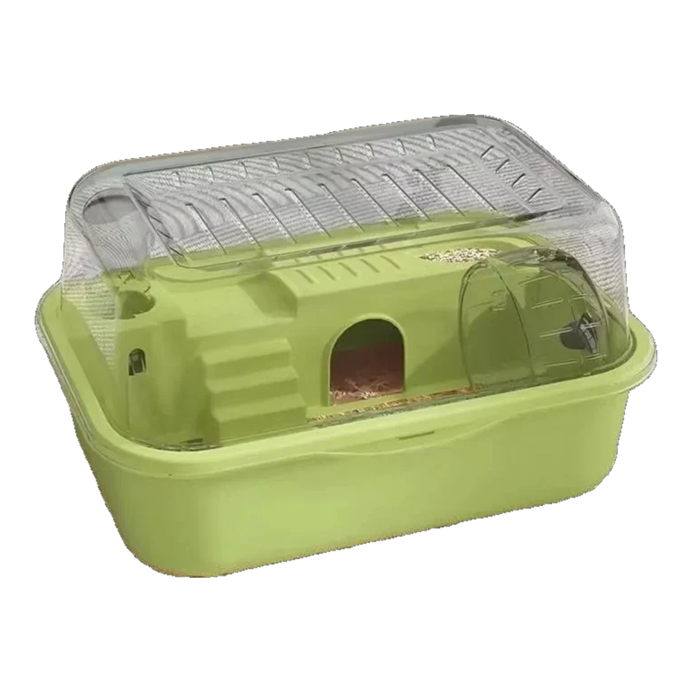 Green chew-proof hamster cage with clear flip-up lid