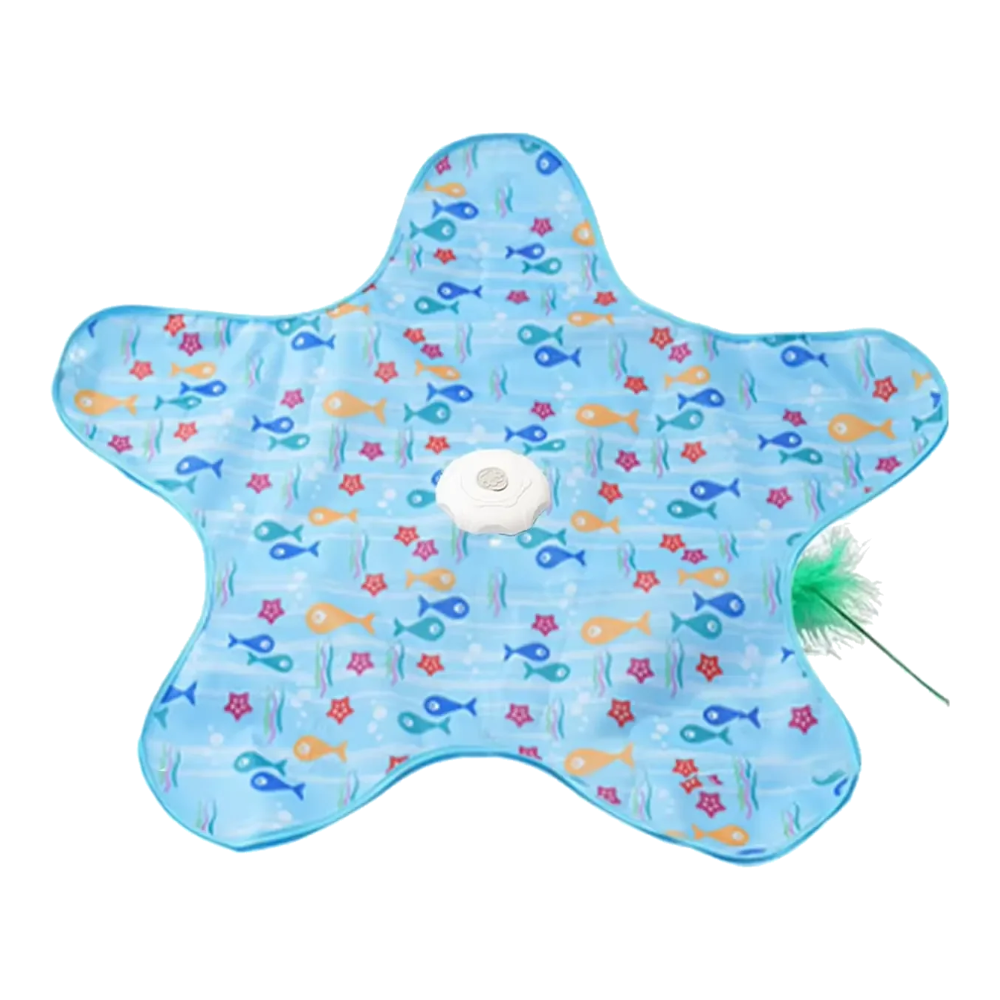 Blue star-shaped interactive cat toy with feather