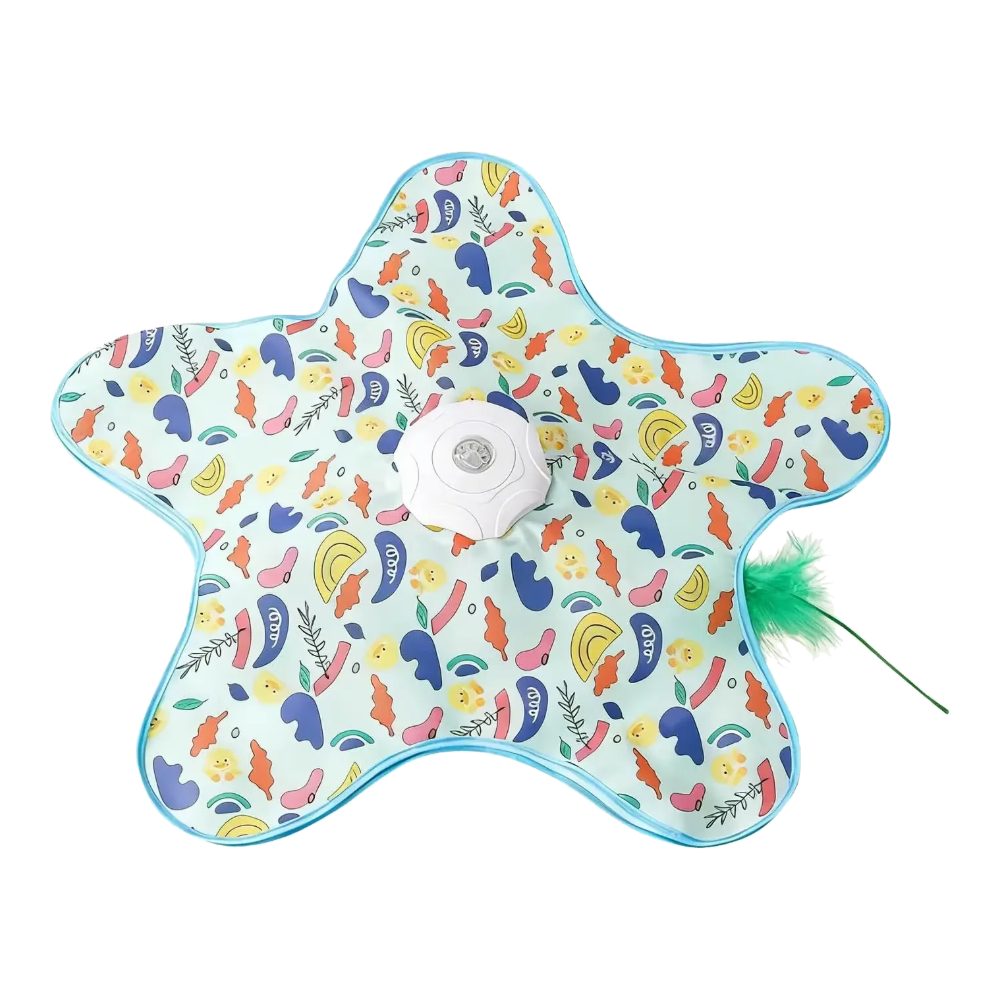 Star-shaped interactive cat toy with feather, multicolour print