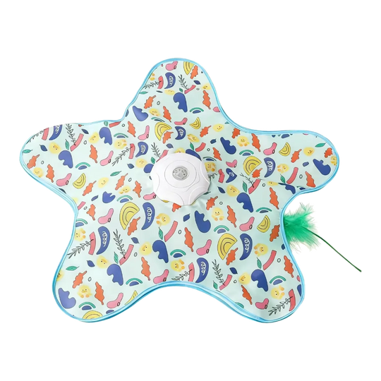 Star-shaped interactive cat toy with feather, multicolour print