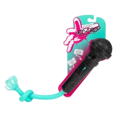 Interactive dog toy FuzzYard Mic Drop with rope and squeaker