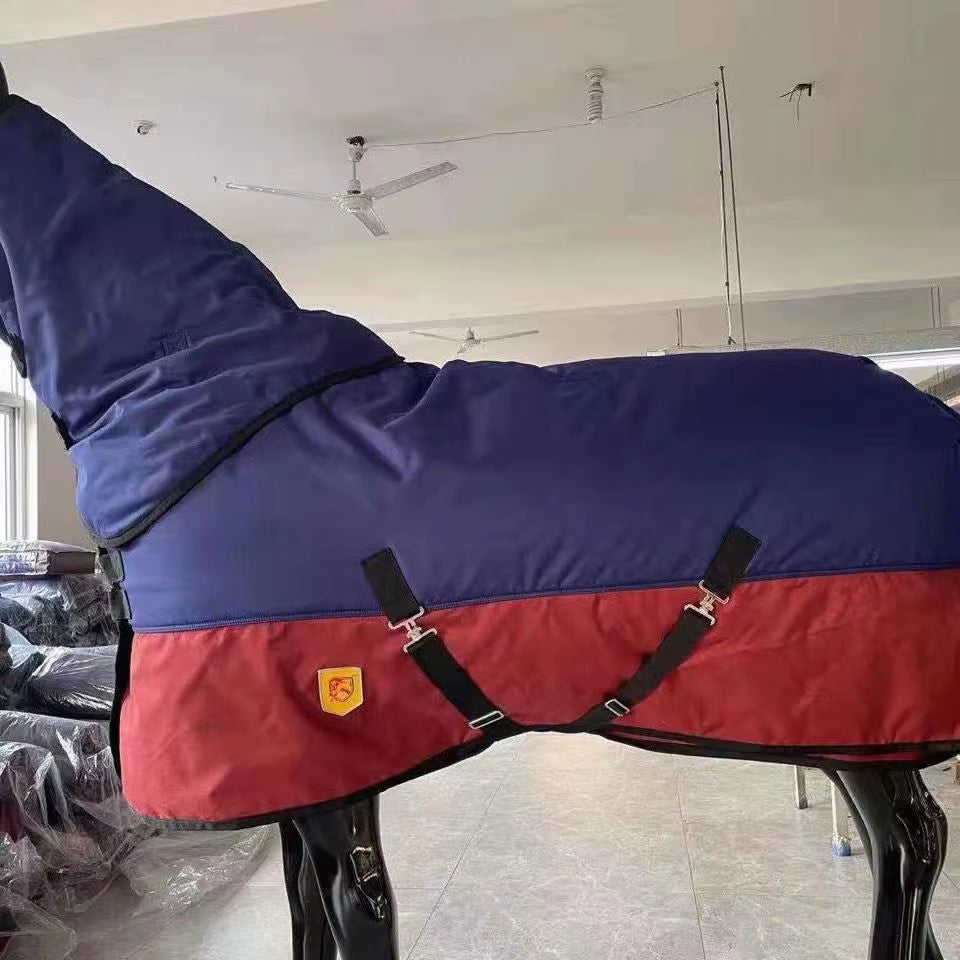 Waterproof winter horse rug with hood