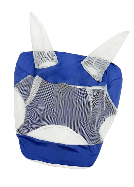 Máscara antimoscas azul para caballo con orejas y malla transpirable, vista frontal
