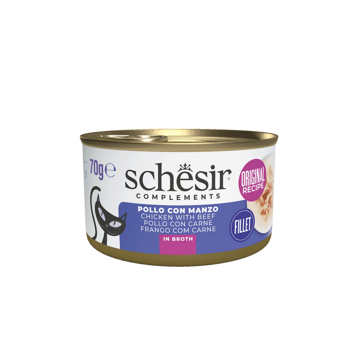 Schesir chicken fillets with beef in broth wet cat food, 70 g tin
