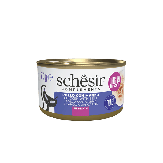 Schesir chicken fillets with beef in broth wet cat food, 70 g tin