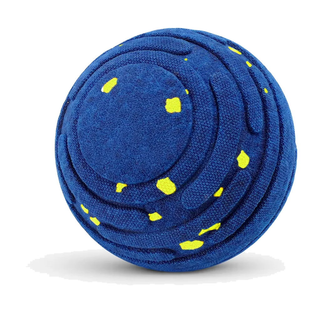 Blue interactive dog ball with yellow dots