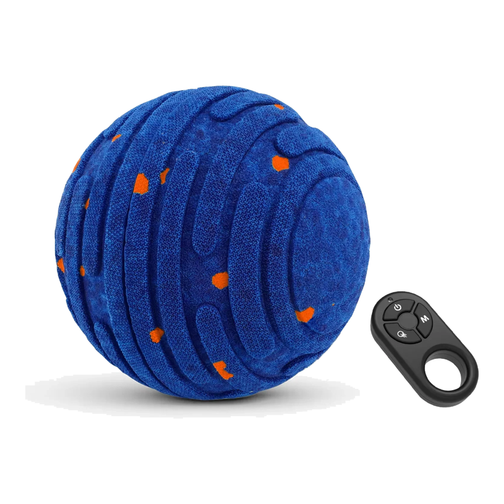 Blue interactive dog ball with orange dots and remote control