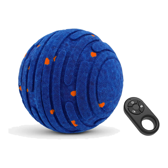 Blue interactive dog ball with orange dots and remote control