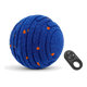 Blue interactive dog ball with orange dots and remote control