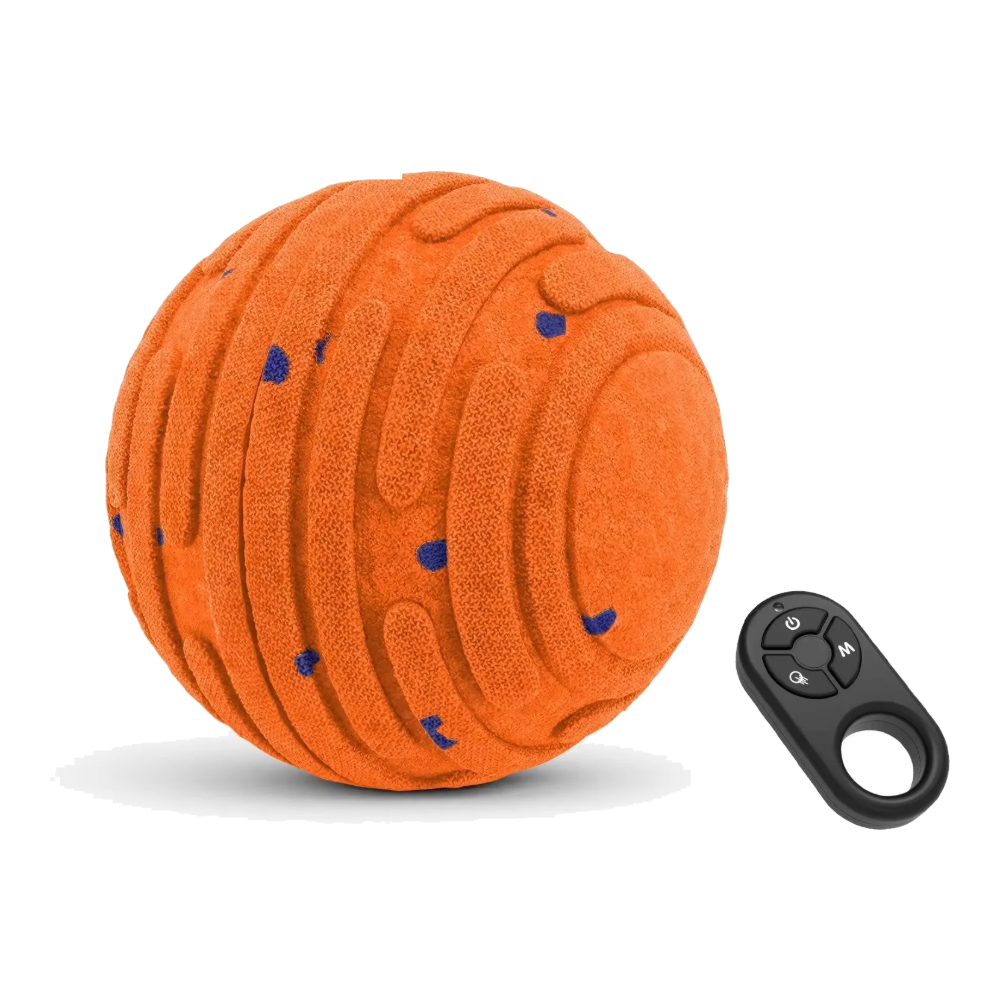 Orange interactive dog ball with blue dots and remote control