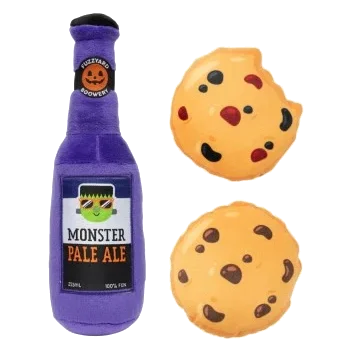 Halloween plush dog toy FuzzYard Monster Pale Ale, pack of 3