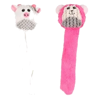 Flamingo monkey or cow plush dog toy with unstuffed tail