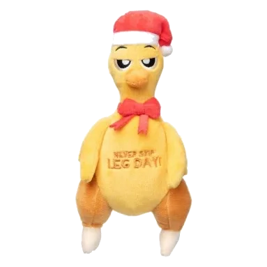 Christmas plush dog toy FuzzYard Never Skip Leg Day Chook, roast chicken design