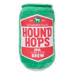 FuzzYard Hound Hops beer can plush dog toy with squeaker