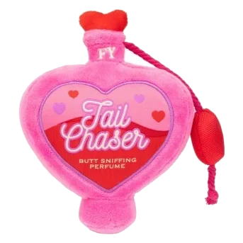 FuzzYard Love Tail Chaser Perfume plush dog toy, perfume bottle