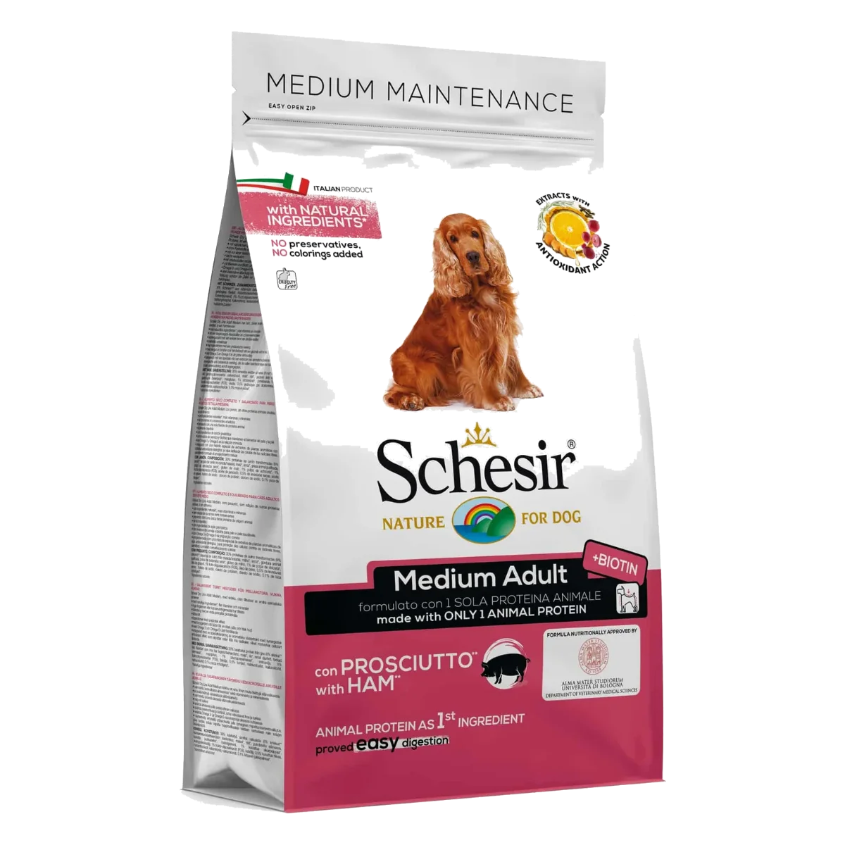 Schesir Medium pork and ham dry dog food for adult medium dogs, 3 kg