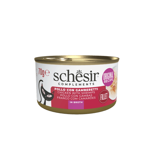 Schesir chicken fillets with prawns in broth wet cat food, 70 g tin