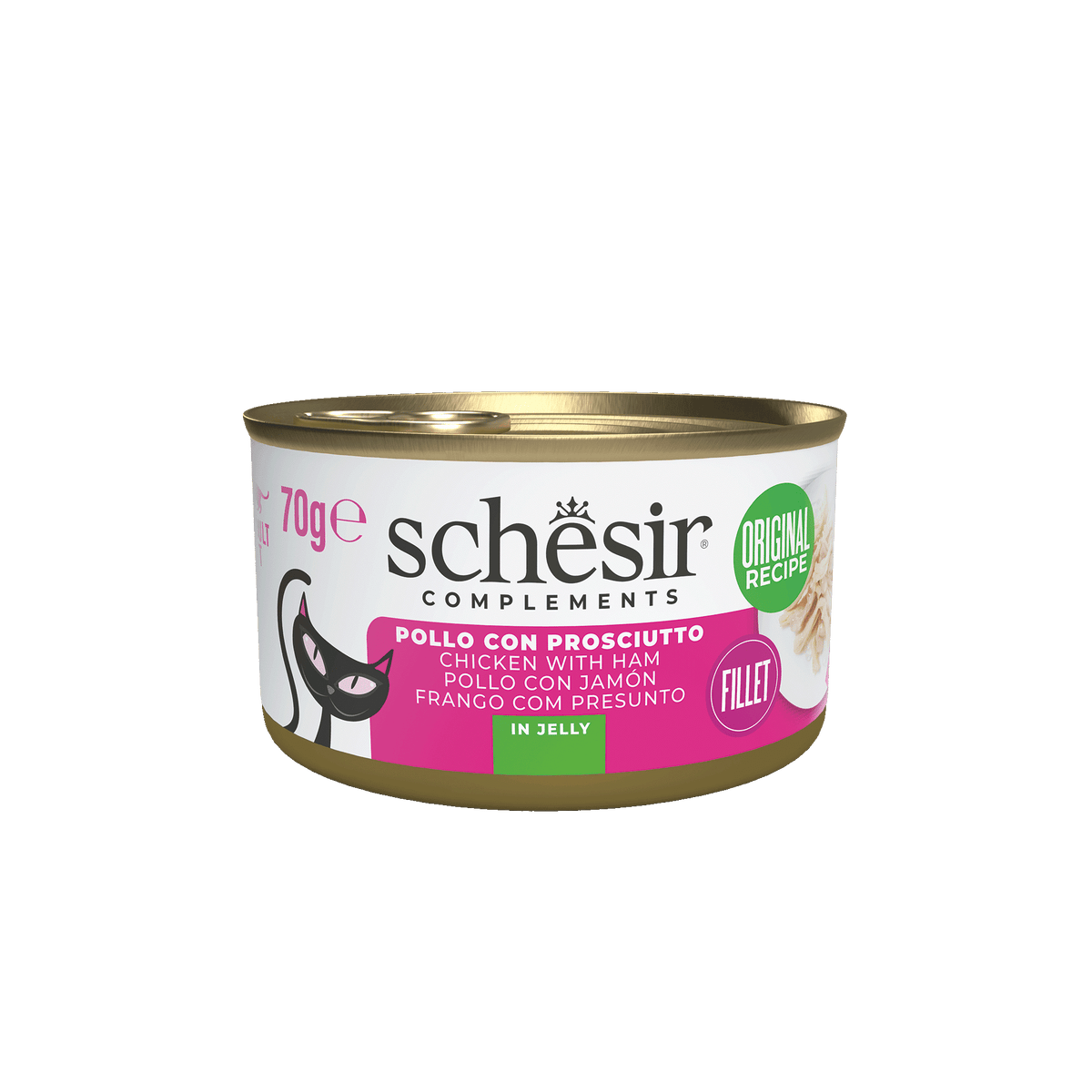 Schesir chicken fillets with ham in jelly wet cat food, 70 g tin