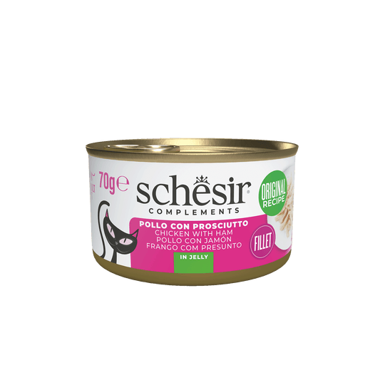 Schesir chicken fillets with ham in jelly wet cat food, 70 g tin