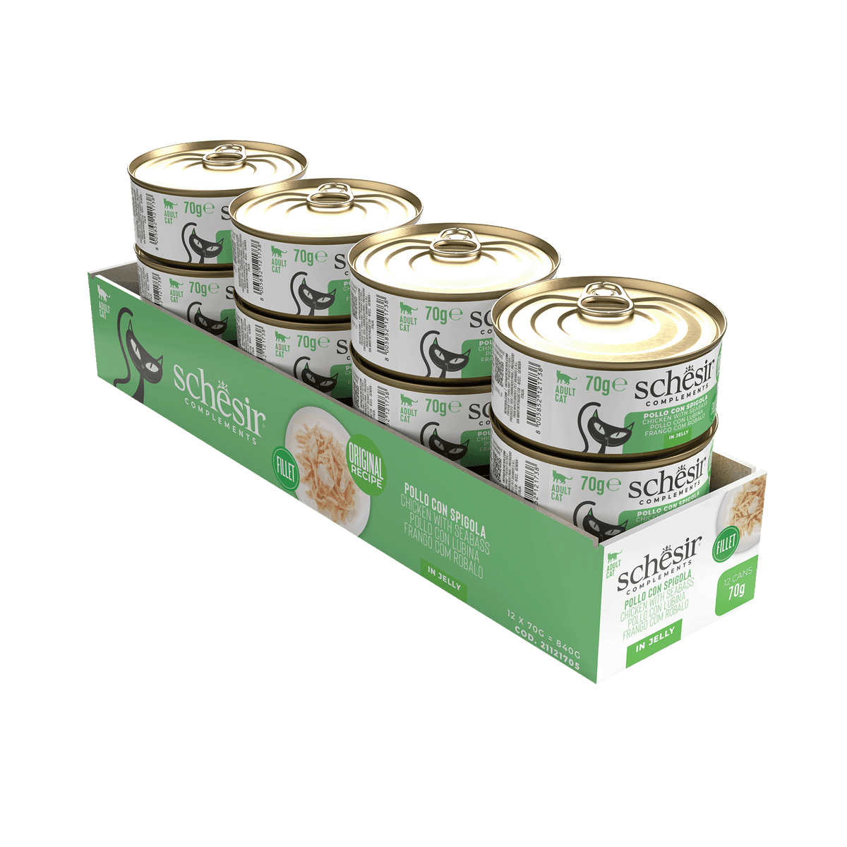 Schesir chicken with sea bass in jelly wet cat food, 70 g tin – image 2