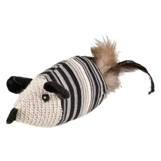 Black and white toy mouse with feathers for cats