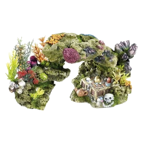 Rocks and plants with treasure chest aquarium ornament