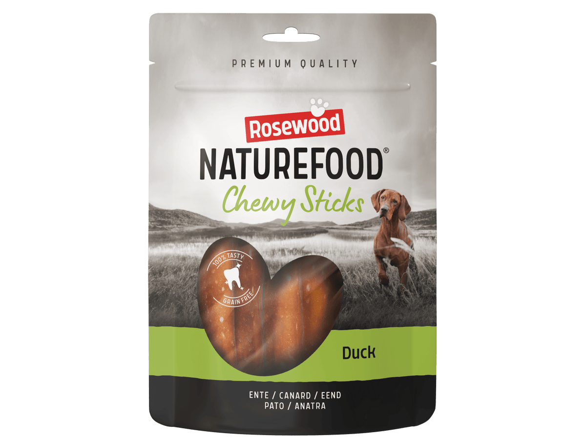 Rosewood Naturefood Chewy Sticks duck dog treats, 100 g bag