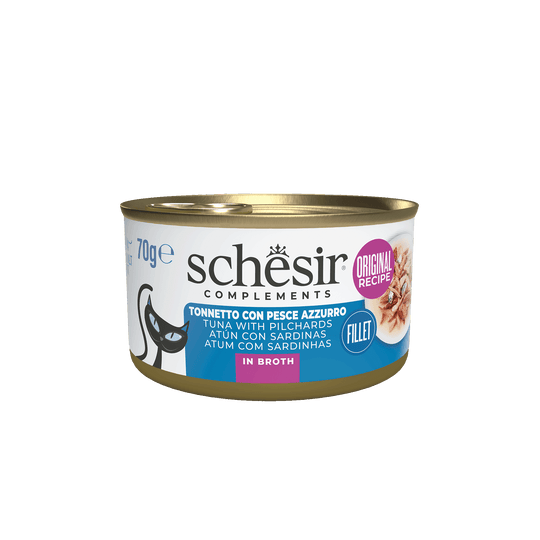 Schesir tuna with oily fish in broth wet cat food, 70 g tin