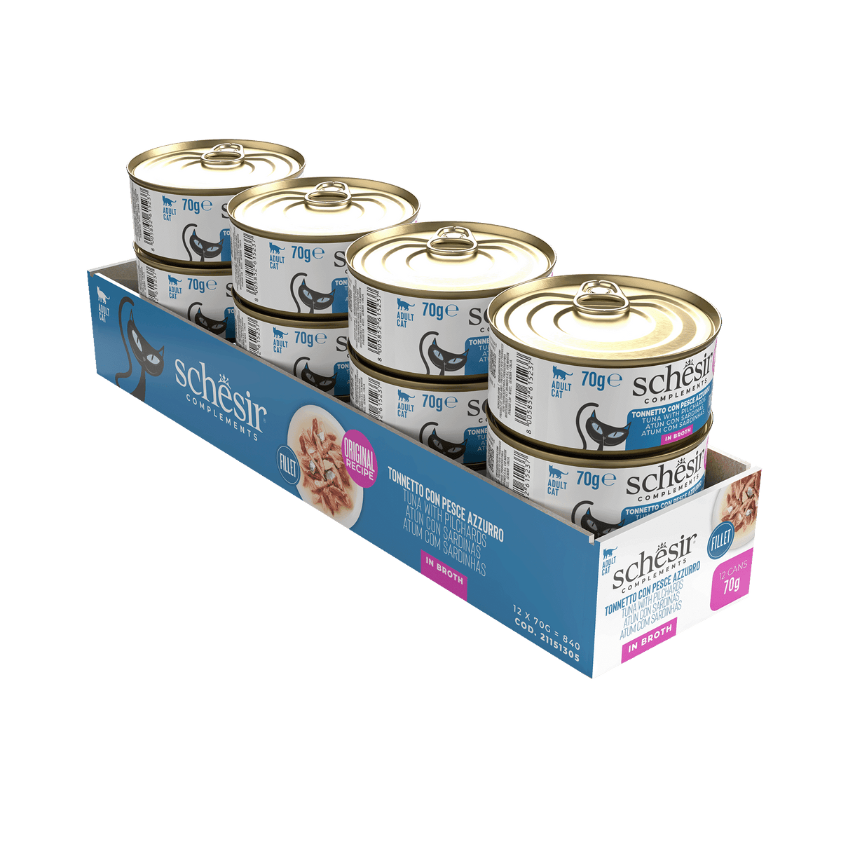 Schesir tuna with oily fish in broth wet cat food, 70 g tin – image 2
