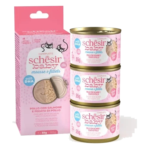 Schesir Baby mousse with chicken fillets, salmon and chicken liver for kittens, 3 × 55 g