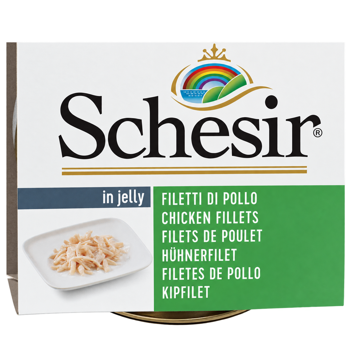 Close-up of the chicken fillets in jelly label on the Schesir dog food pack