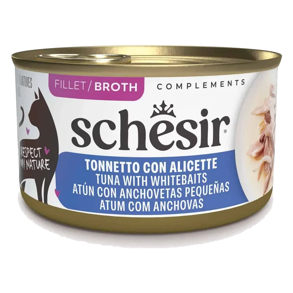 Schesir tuna with small anchovies in broth wet cat food, 70 g tin