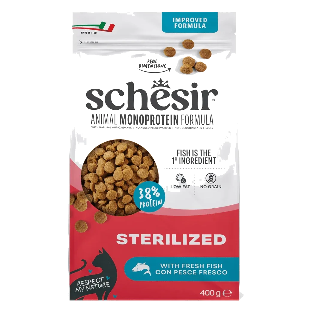 Schesir Animal Protein Sterilised fish dry cat food, 400 g
