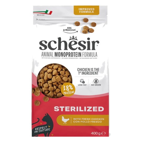 Schesir Animal Protein Sterilised chicken dry cat food, 400 g