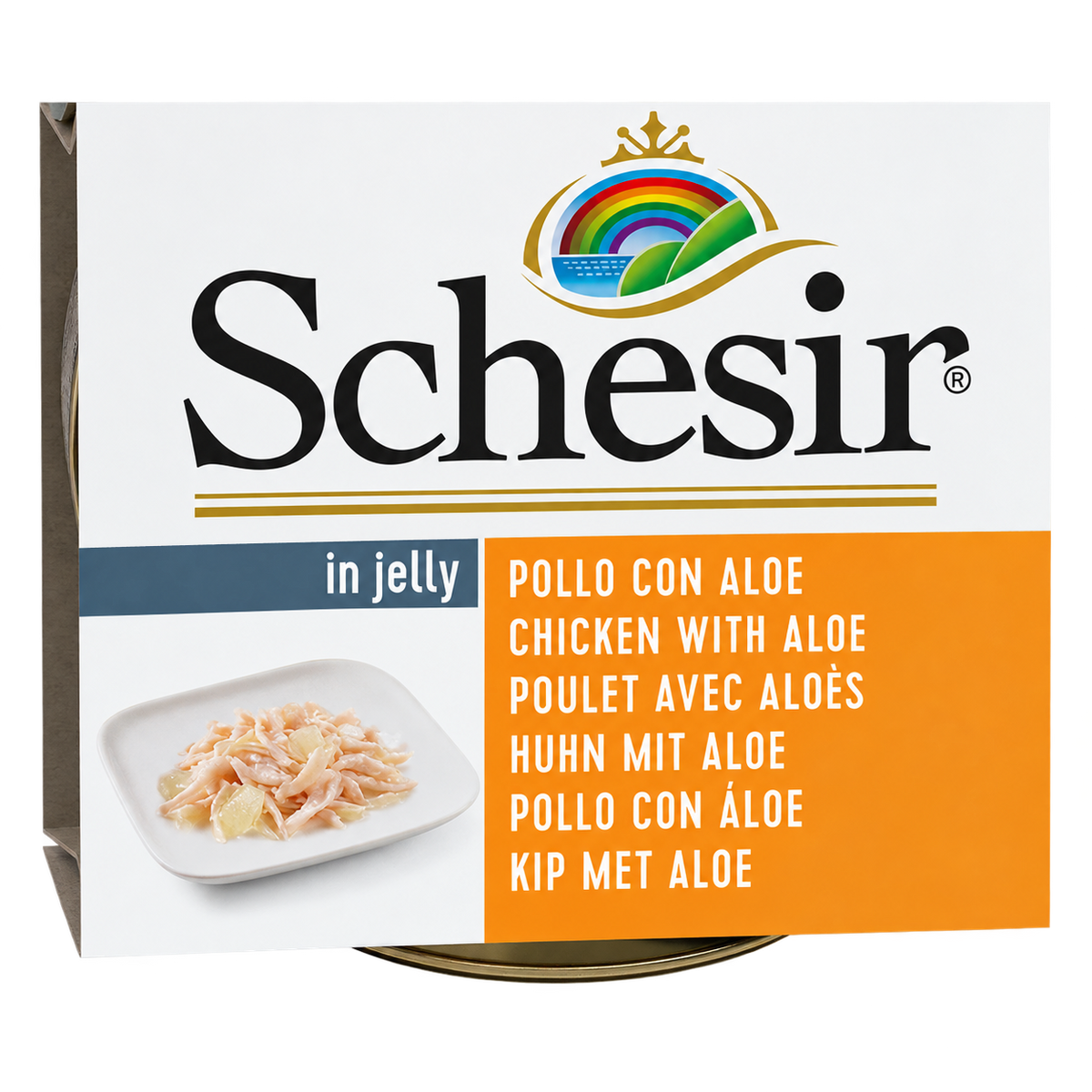 Close-up of the chicken and aloe label on the Schesir dog food pack