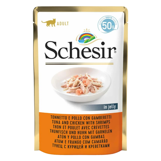 Schesir tuna and chicken with prawns wet cat food, 50 g pouch