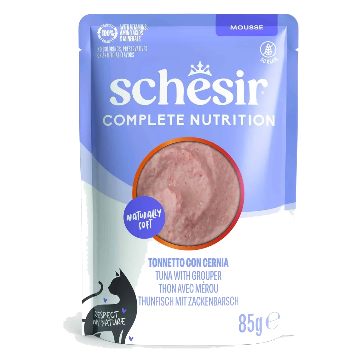 Schesir tuna with grouper mousse wet cat food, 85 g pouch