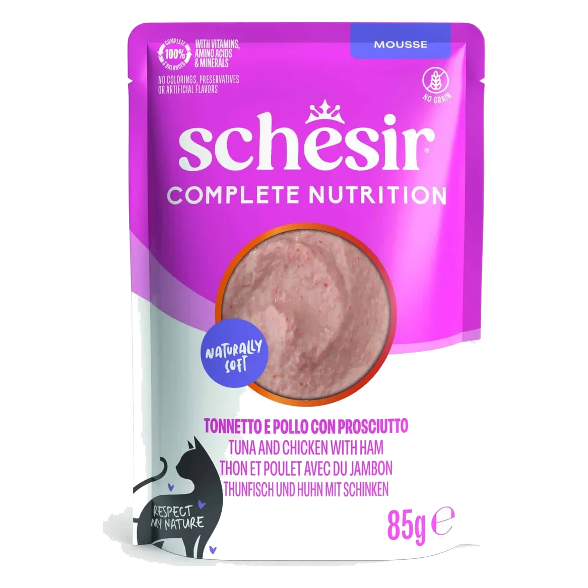 Schesir tuna with chicken and ham mousse wet cat food, 85 g pouch
