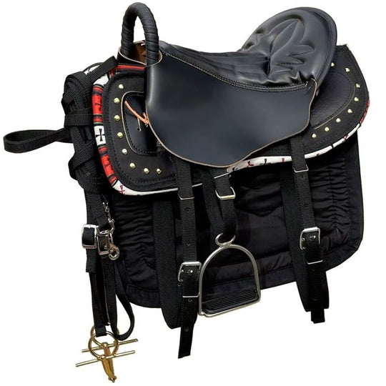 Complete leather saddle set with accessories, 8 pieces