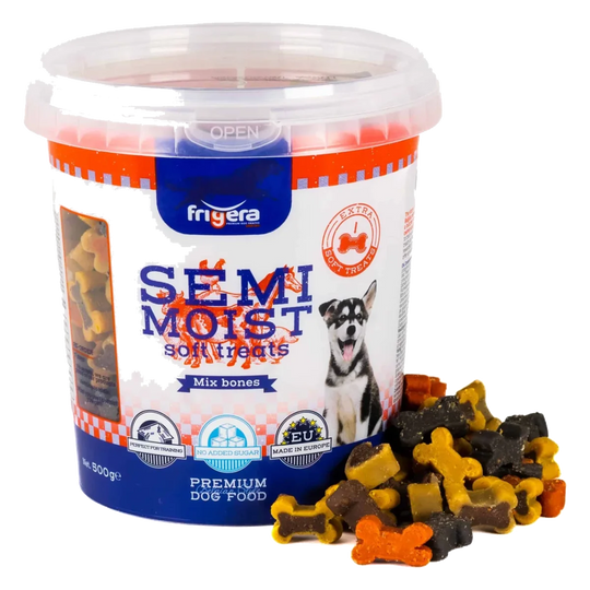 Semi-moist mixed dog treats, 9 varieties, 165 g and 500 g