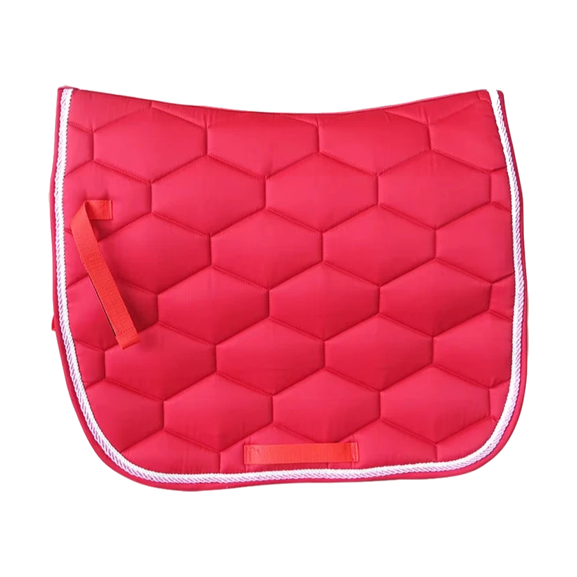Side view of the red jumping saddle pad with hexagonal quilting