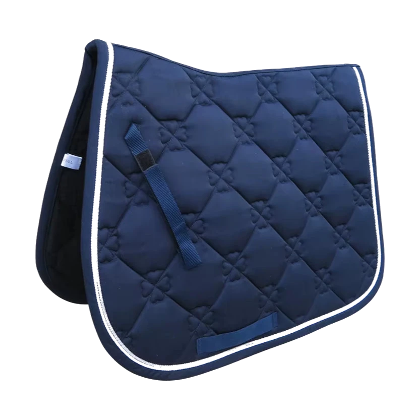 Navy jumping saddle pad for horses with diamond quilting and double white cord piping