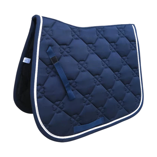 Navy jumping saddle pad for horses with diamond quilting and double white cord piping