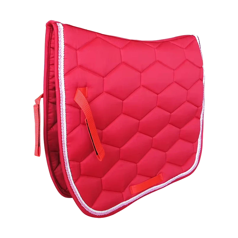 Red jumping saddle pad for horses with hexagonal quilting