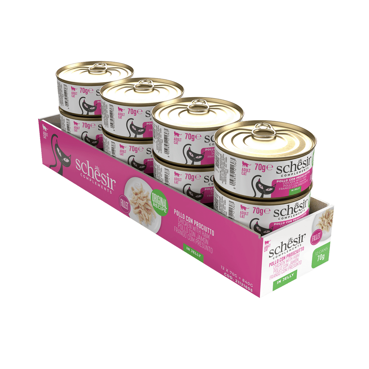 Schesir chicken fillets with ham in jelly wet cat food, 70 g tin – image 2